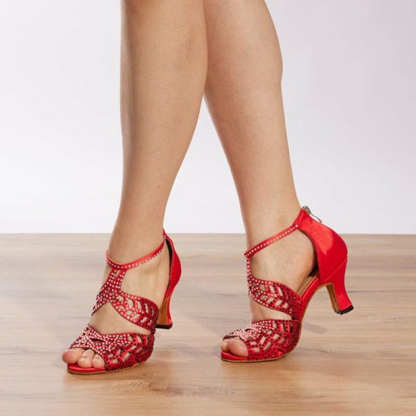 Dance Shoes | Women’s Latin Shoes Rhinestone High Heel Satin Indoor Solid Color Dance Shoes Red – Womens