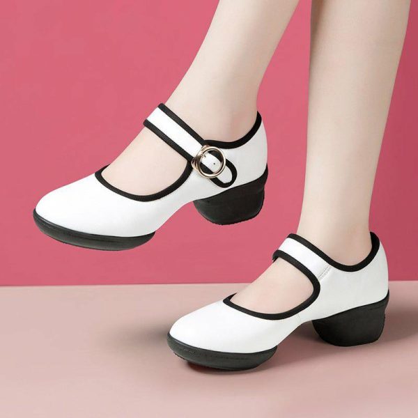 Dance Shoes | Women’s Practice Shoes Chunky Heel Faux Leather Outdoor Color Block Mary Jane Dance Shoes White – Womens