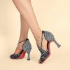 Dance Shoes | Women’s Rhinestone Flare Heel Lace Satin Indoor Solid Color Dance Shoes Nude – Womens