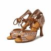 Dance Shoes | Women’s Rhinestone Flare Heel Satin Indoor Solid Color Dance Shoes Brown – Womens