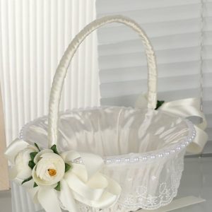 Flower Girl Accessories | Flower Girl Satin/Alloy Flower Basket With Flower/Lace/Ribbons White – Womens