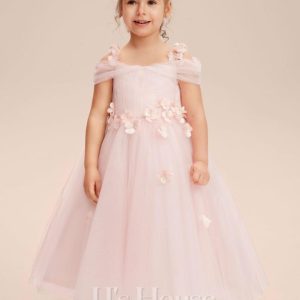 Flower Girl Dresses | A-line Cold Shoulder Tea-Length Tulle Flower Girl Dress Blushing Pink – Girls