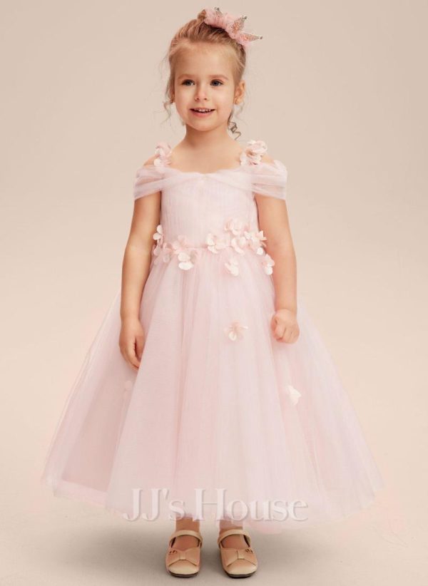 Flower Girl Dresses | A-line Cold Shoulder Tea-Length Tulle Flower Girl Dress Blushing Pink – Girls