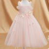 Flower Girl Dresses | A-line Cold Shoulder Tea-Length Tulle Flower Girl Dress Blushing Pink – Girls