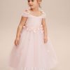 Flower Girl Dresses | A-line Cold Shoulder Tea-Length Tulle Flower Girl Dress Blushing Pink – Girls