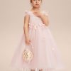 Flower Girl Dresses | A-line Cold Shoulder Tea-Length Tulle Flower Girl Dress Blushing Pink – Girls