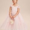 Flower Girl Dresses | A-line Cold Shoulder Tea-Length Tulle Flower Girl Dress Blushing Pink – Girls