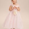 Flower Girl Dresses | A-line Cold Shoulder Tea-Length Tulle Flower Girl Dress Blushing Pink – Girls