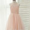 Flower Girl Dresses | A-line Halter Knee-Length Charmeuse/Tulle Flower Girl Dress Pearl Pink – Girls