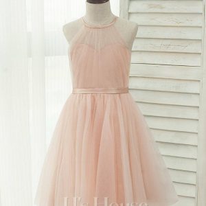 Flower Girl Dresses | A-line Halter Knee-Length Charmeuse/Tulle Flower Girl Dress Pearl Pink – Girls