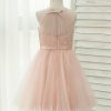 Flower Girl Dresses | A-line Halter Knee-Length Charmeuse/Tulle Flower Girl Dress Pearl Pink – Girls