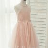 Flower Girl Dresses | A-line Halter Knee-Length Charmeuse/Tulle Flower Girl Dress Pearl Pink – Girls