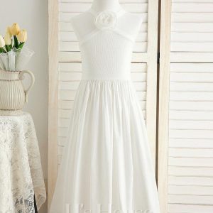 Flower Girl Dresses | A-line Halter Tea-Length 100% Cotton Flower Girl Dress Ivory – Girls