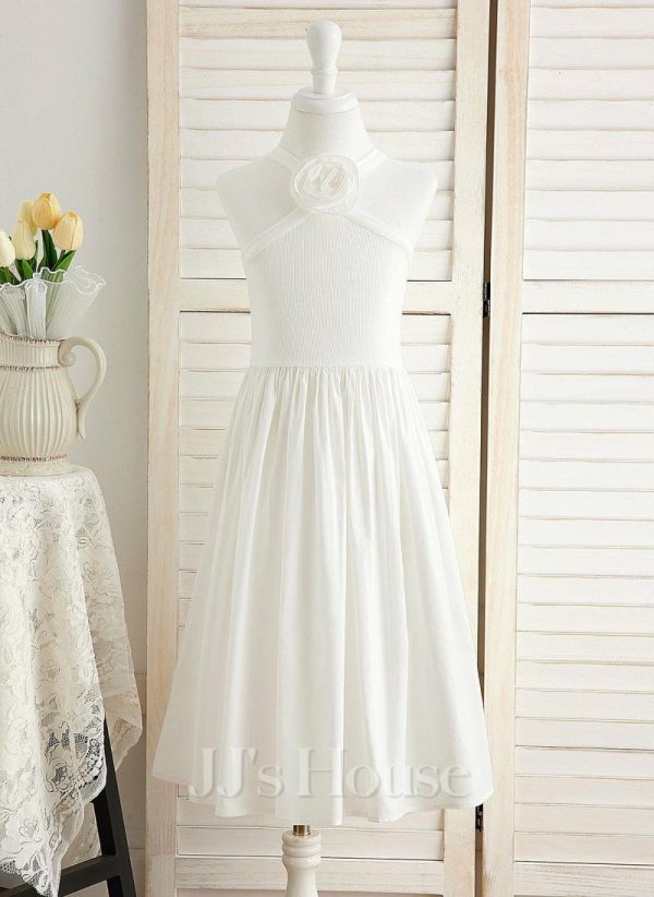 Flower Girl Dresses | A-line Halter Tea-Length 100% Cotton Flower Girl Dress Ivory – Girls