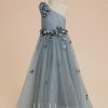 Flower Girl Dresses | A-line One Shoulder Floor-Length Tulle Flower Girl Dress Dusty Blue – Girls