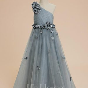 Flower Girl Dresses | A-line One Shoulder Floor-Length Tulle Flower Girl Dress Dusty Blue – Girls