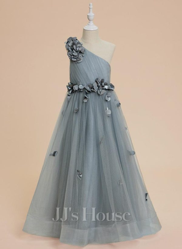 Flower Girl Dresses | A-line One Shoulder Floor-Length Tulle Flower Girl Dress Dusty Blue – Girls