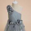 Flower Girl Dresses | A-line One Shoulder Floor-Length Tulle Flower Girl Dress Dusty Blue – Girls