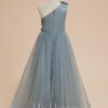 Flower Girl Dresses | A-line One Shoulder Floor-Length Tulle Flower Girl Dress Dusty Blue – Girls