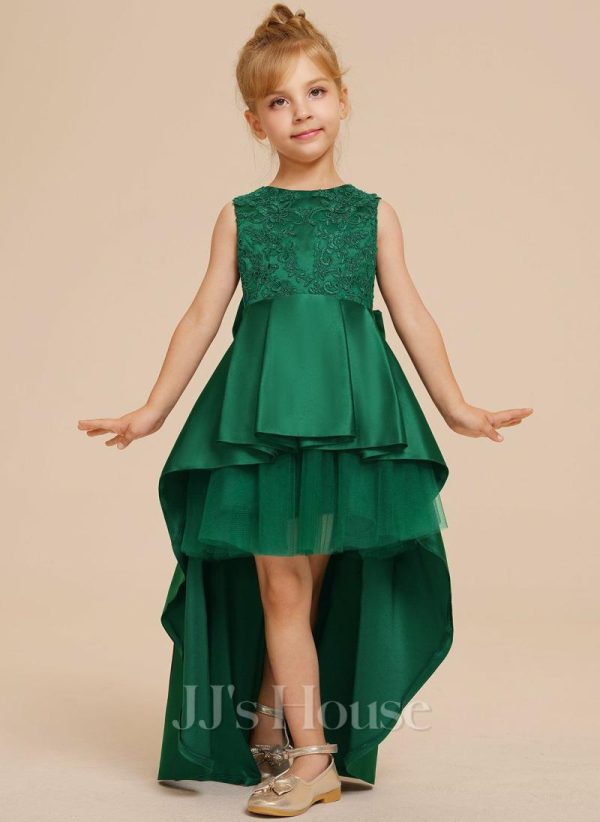 Flower Girl Dresses | A-line Scoop Asymmetrical Lace/Satin Flower Girl Dress Dark Green – Girls