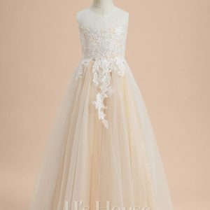 Flower Girl Dresses | A-line Scoop Floor-Length Lace/Tulle Flower Girl Dress Champagne – Girls