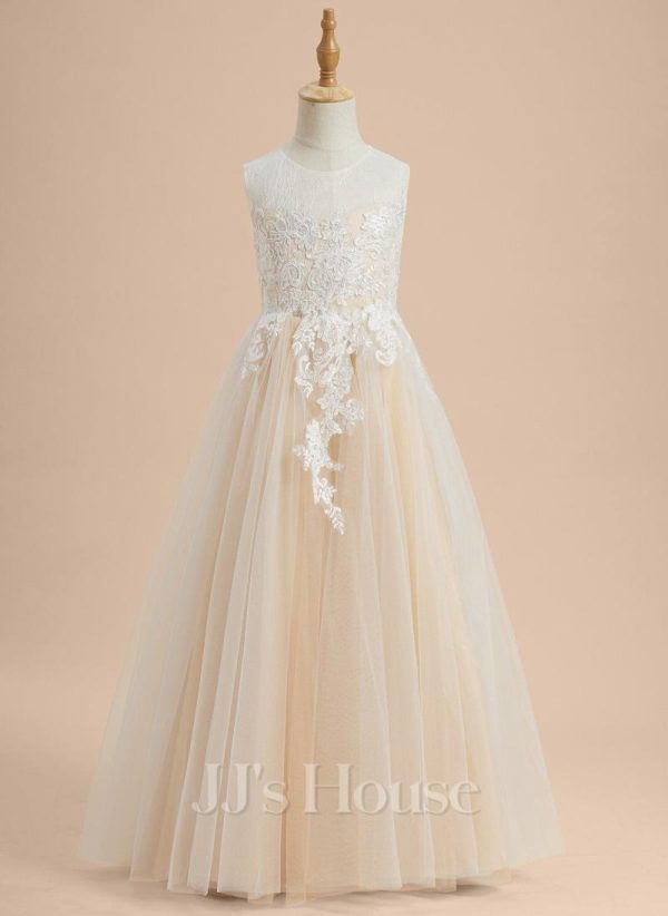 Flower Girl Dresses | A-line Scoop Floor-Length Lace/Tulle Flower Girl Dress Champagne – Girls