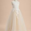 Flower Girl Dresses | A-line Scoop Floor-Length Lace/Tulle Flower Girl Dress Champagne – Girls