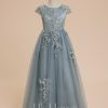 Flower Girl Dresses | A-line Scoop Floor-Length Lace/Tulle Flower Girl Dress Dusty Blue – Girls