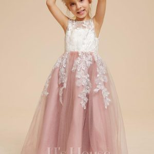 Flower Girl Dresses | A-line Scoop Floor-Length Lace/Tulle Flower Girl Dress Dusty Rose – Girls