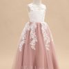 Flower Girl Dresses | A-line Scoop Floor-Length Lace/Tulle Flower Girl Dress Dusty Rose – Girls