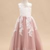 Flower Girl Dresses | A-line Scoop Floor-Length Lace/Tulle Flower Girl Dress Dusty Rose – Girls