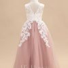 Flower Girl Dresses | A-line Scoop Floor-Length Lace/Tulle Flower Girl Dress Dusty Rose – Girls