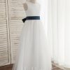 Flower Girl Dresses | A-line Scoop Floor-Length Satin/Tulle Flower Girl Dress Ivory – Girls