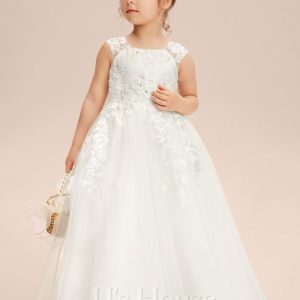 Flower Girl Dresses | A-line Scoop Floor-Length Tulle Flower Girl Dress Ivory – Girls