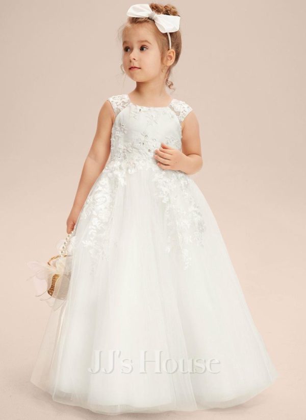 Flower Girl Dresses | A-line Scoop Floor-Length Tulle Flower Girl Dress Ivory – Girls