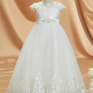 Flower Girl Dresses | A-line Scoop Floor-Length Tulle/Lace Flower Girl Dress Ivory – Girls