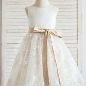 Flower Girl Dresses | A-line Scoop Knee-Length Lace/Satin Flower Girl Dress Ivory – Girls