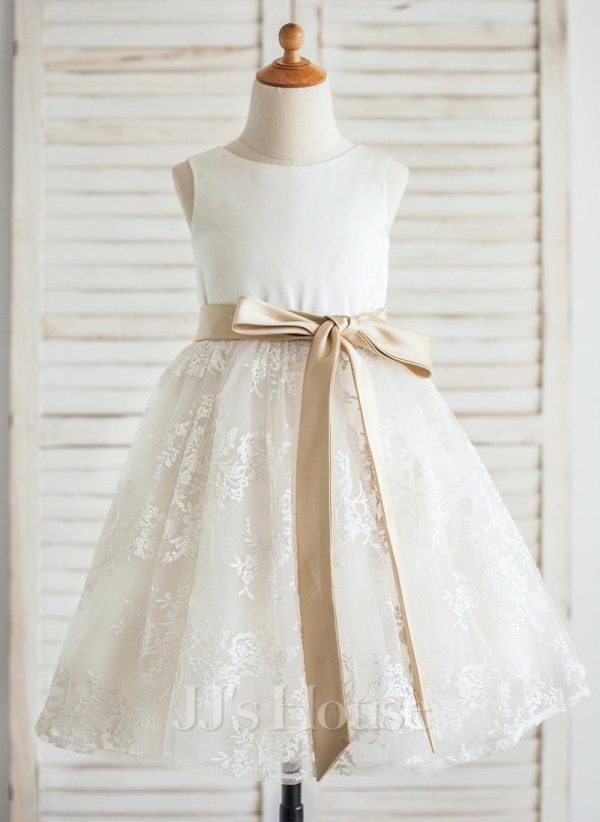 Flower Girl Dresses | A-line Scoop Knee-Length Lace/Satin Flower Girl Dress Ivory – Girls