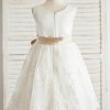 Flower Girl Dresses | A-line Scoop Knee-Length Lace/Satin Flower Girl Dress Ivory – Girls