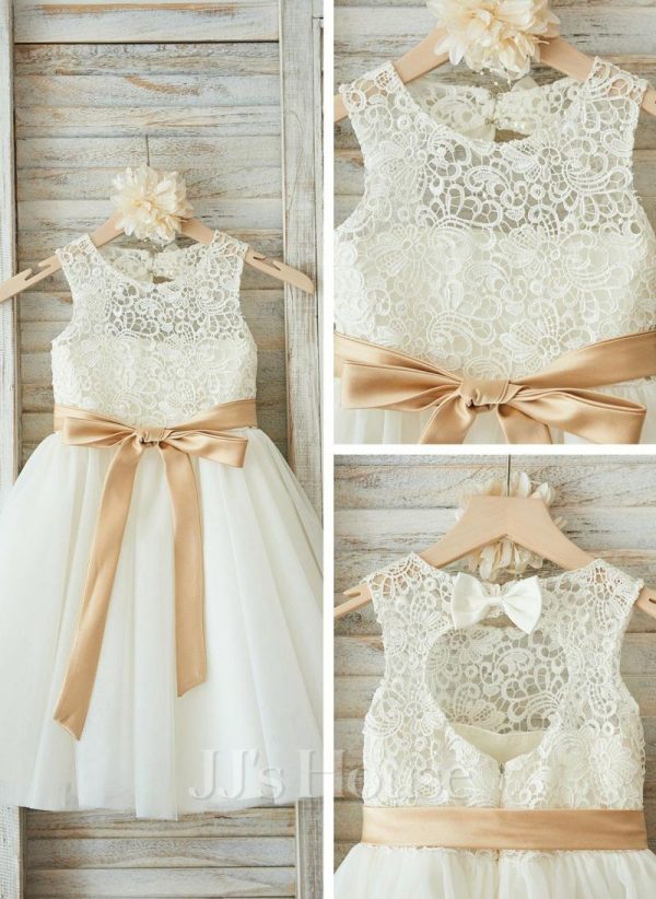 Flower Girl Dresses | A-line Scoop Knee-Length Lace/Tulle Flower Girl Dress Ivory – Girls