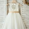 Flower Girl Dresses | A-line Scoop Knee-Length Lace/Tulle Flower Girl Dress Ivory – Girls