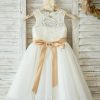 Flower Girl Dresses | A-line Scoop Knee-Length Lace/Tulle Flower Girl Dress Ivory – Girls