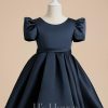 Flower Girl Dresses | A-line Scoop Knee-Length Satin Flower Girl Dress Dark Navy – Girls