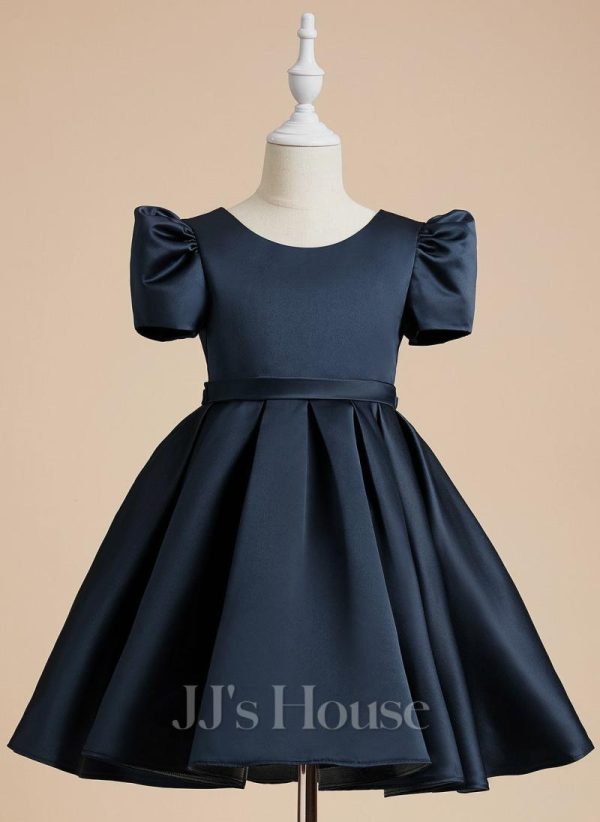 Flower Girl Dresses | A-line Scoop Knee-Length Satin Flower Girl Dress Dark Navy – Girls