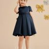 Flower Girl Dresses | A-line Scoop Knee-Length Satin Flower Girl Dress Dark Navy – Girls