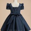 Flower Girl Dresses | A-line Scoop Knee-Length Satin Flower Girl Dress Dark Navy – Girls