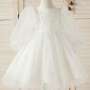 Flower Girl Dresses | A-line Scoop Knee-Length Tulle Flower Girl Dress Ivory – Girls