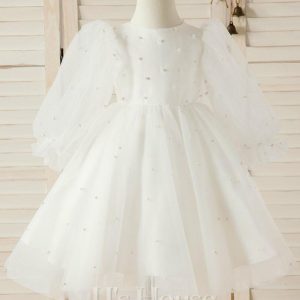 Flower Girl Dresses | A-line Scoop Knee-Length Tulle Flower Girl Dress Ivory – Girls