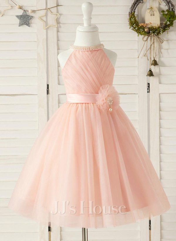 Flower Girl Dresses | A-line Scoop Knee-Length Tulle Flower Girl Dress Pearl Pink – Girls