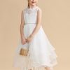 Flower Girl Dresses | A-line Scoop Tea-Length Lace/Organza Flower Girl Dress Ivory – Girls